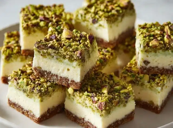 Delicious pistachio cheesecake bars topped with crushed pistachios.