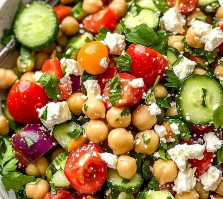 Colorful 10-minute Mediterranean Chickpea Salad with fresh vegetables and herbs