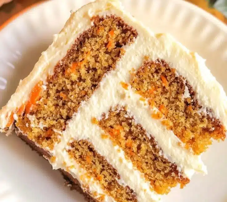 Slice of moist old-fashioned carrot cake with cream cheese frosting on a plate