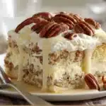 Delicious Butter Pecan Three Milks Cake topped with pecans and creamy frosting.