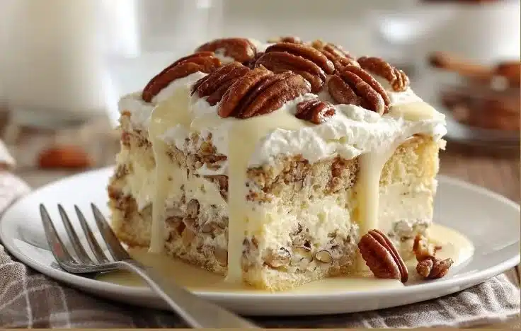 Delicious Butter Pecan Three Milks Cake topped with pecans and creamy frosting.