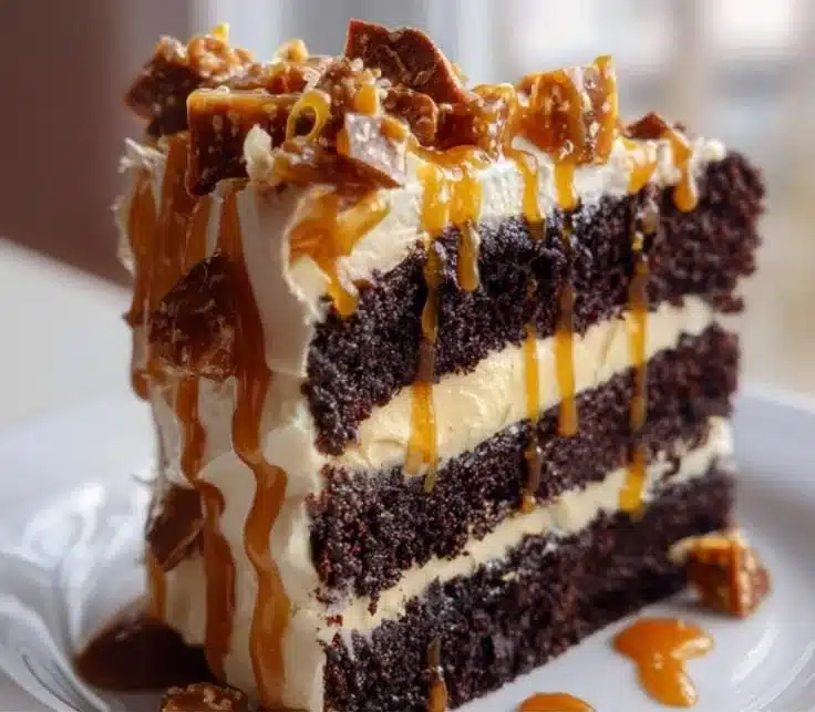 Chocolate Caramel Toffee Crunch Cake with layers of chocolate, caramel, and toffee