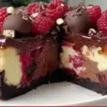 Slice of Chocolate Raspberry Cheesecake with chocolate drizzle and fresh raspberries