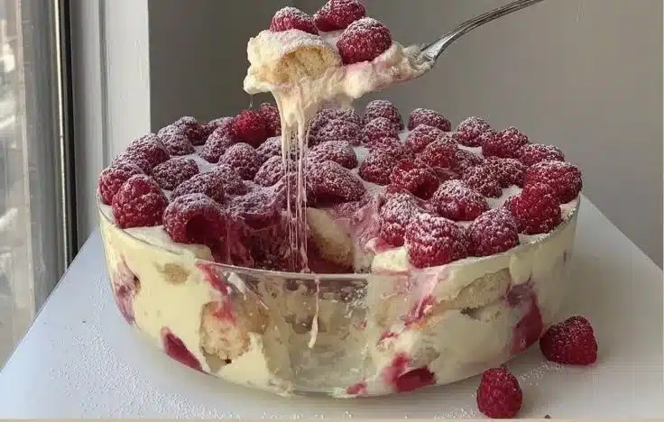 Delicious Raspberry Tiramisu Cream Dessert served in a glass with fresh raspberries.