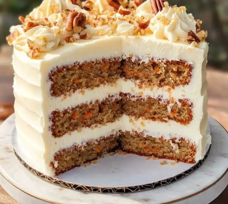 Slice of moist carrot cake topped with creamy cream cheese frosting