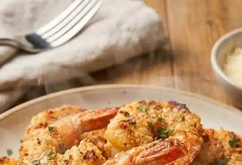 Air Fryer crispy parmesan shrimp served on a plate with seasoning