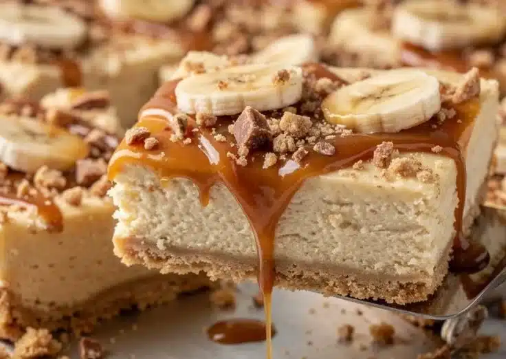 Delicious banana cheesecake bars topped with fresh banana slices