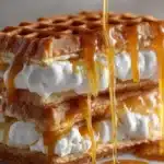 Delicious caramel cream waffles topped with rich sauce and whipped cream