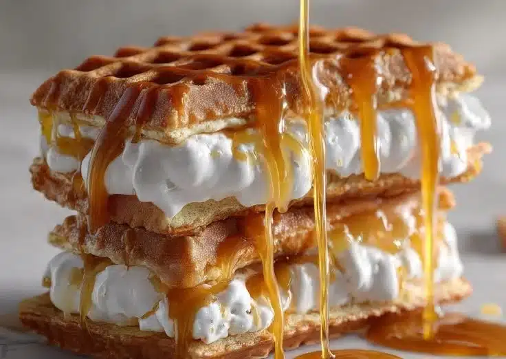 Delicious caramel cream waffles topped with rich sauce and whipped cream
