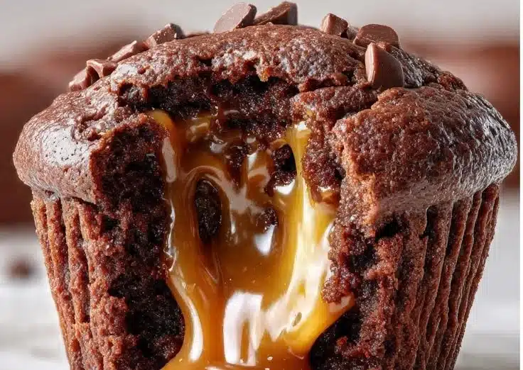 Delicious chocolate muffins filled with a rich caramel center
