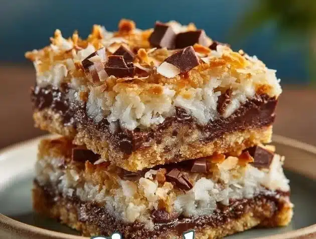 Classic coconut magic bars dessert with layers of coconut and chocolate