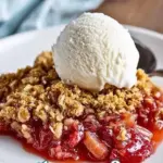 Classic rhubarb crisp with crunchy topping and tart rhubarb filling
