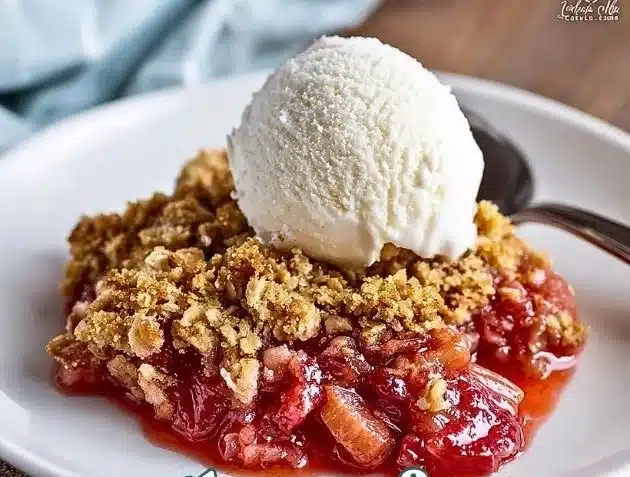 Classic rhubarb crisp with crunchy topping and tart rhubarb filling