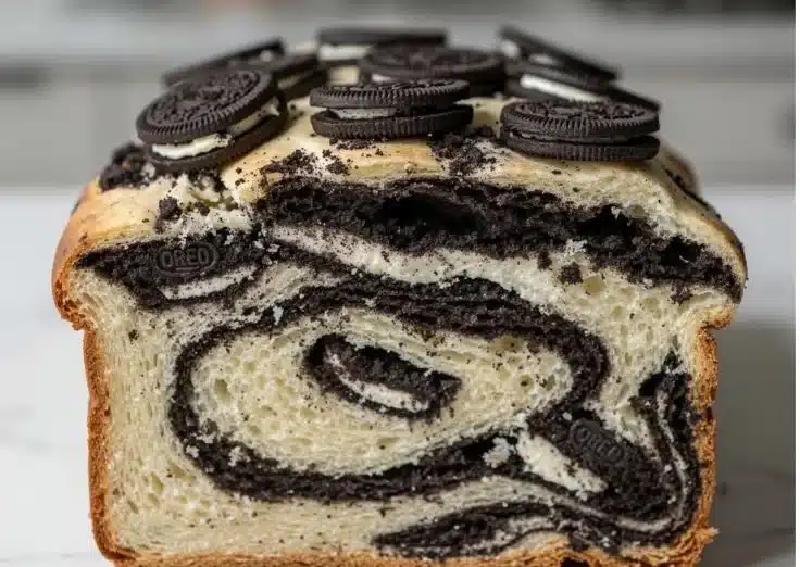 Delicious Cookies and Cream Swirl Bread with chocolate cookie chunks and creamy swirls.