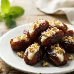 Cottage cheese stuffed dates with a sprinkle of nuts on a plate