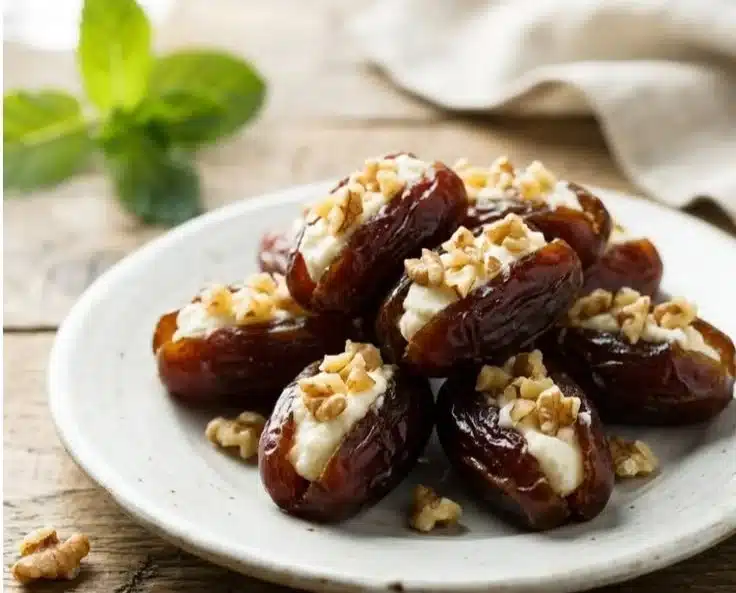 Cottage cheese stuffed dates with a sprinkle of nuts on a plate