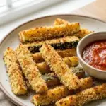 Crispy air fryer zucchini fries served with dipping sauce