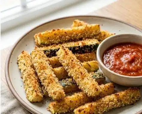 Crispy air fryer zucchini fries served with dipping sauce