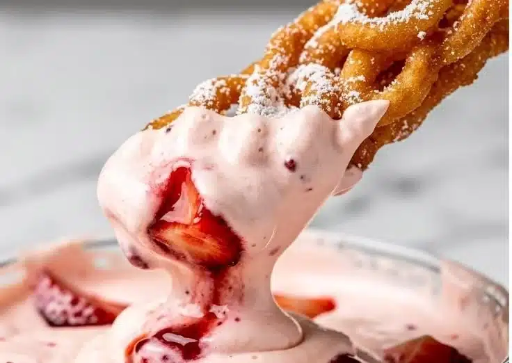 Crispy funnel cake fries served with strawberry cheesecake dip on a plate