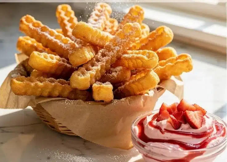 Crispy Funnel Cake Fries with Strawberry Cheesecake Dip