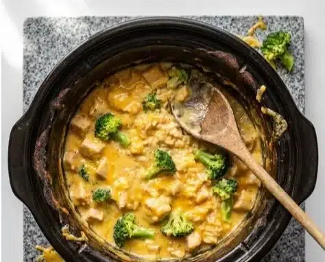 Crockpot broccoli cheddar chicken served in a bowl with herbs