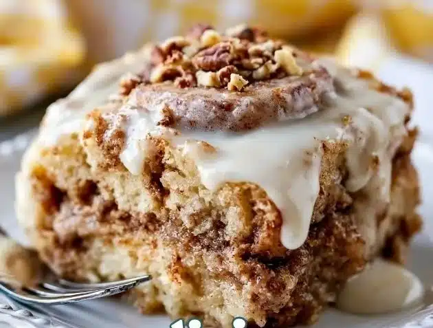Crockpot gooey cinnamon roll dump cake, topped with icing and cinnamon sugar