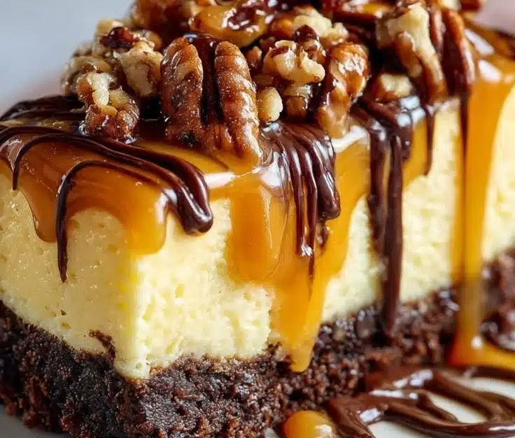 Decadent turtle brownie cheesecake with chocolate, caramel, and nuts