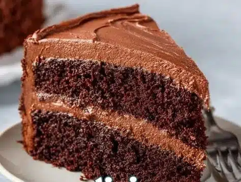 Delicious double layer chocolate cake with rich frosting and decorations