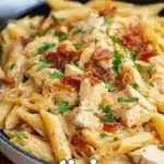 Bowl of Easy Crack Chicken Penne with creamy sauce and toppings