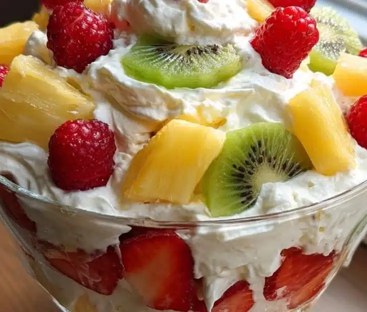 A bowl of easy Hawaiian Cheesecake Salad topped with pineapple and whipped cream.