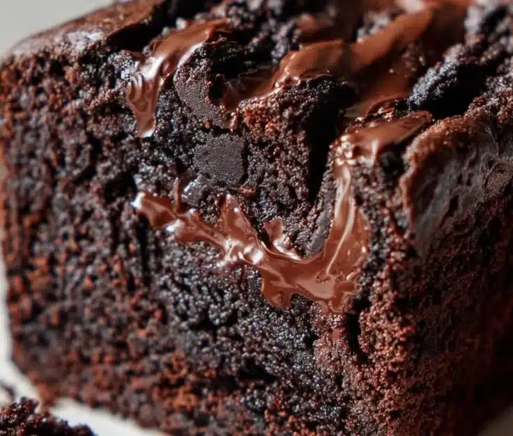 Slice of easy hot fudge brownie bread topped with chocolate sauce