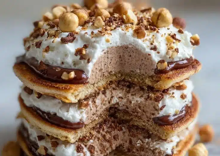 Fluffy chocolate hazelnut pancakes stacked with syrup and nuts
