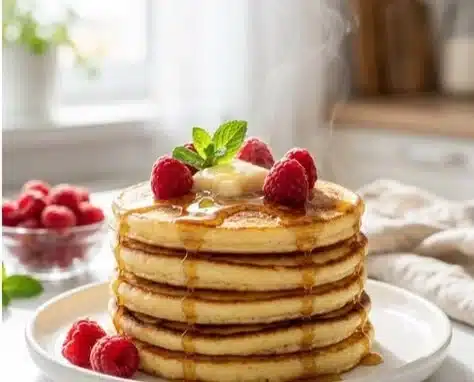 Delicious fluffy cottage cheese pancakes stacked on a plate drizzled with syrup