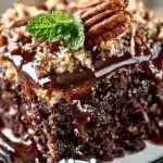 German Chocolate Poke Cake with coconut and pecan frosting
