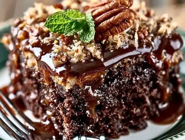 German Chocolate Poke Cake with coconut and pecan frosting