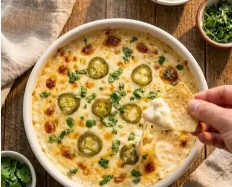 High protein cottage cheese queso served in a bowl with chips