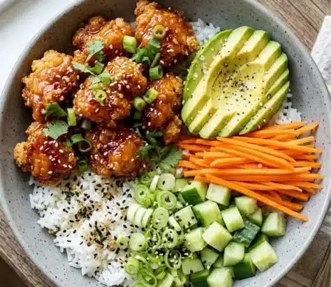 Delicious hot honey chicken bowl with veggies and honey glaze