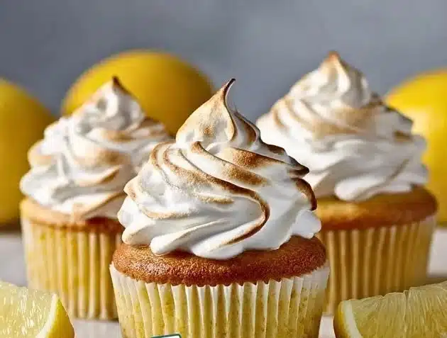 Delicious lemon meringue pie cupcakes topped with fluffy meringue