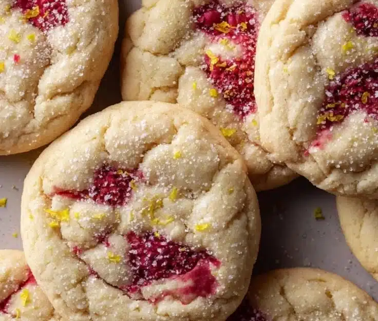 Soft-baked Lemon Raspberry Cookies drizzled with lemon glaze