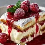 Lychee Raspberry Tiramisu Dessert topped with berries and cocoa powder