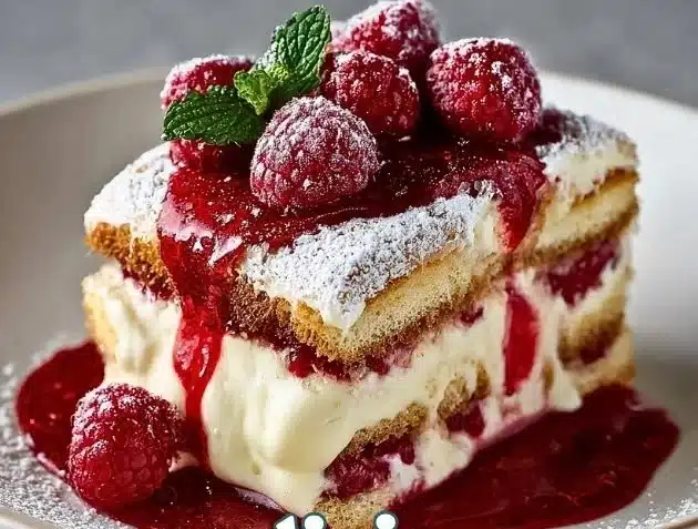 Lychee Raspberry Tiramisu Dessert topped with berries and cocoa powder