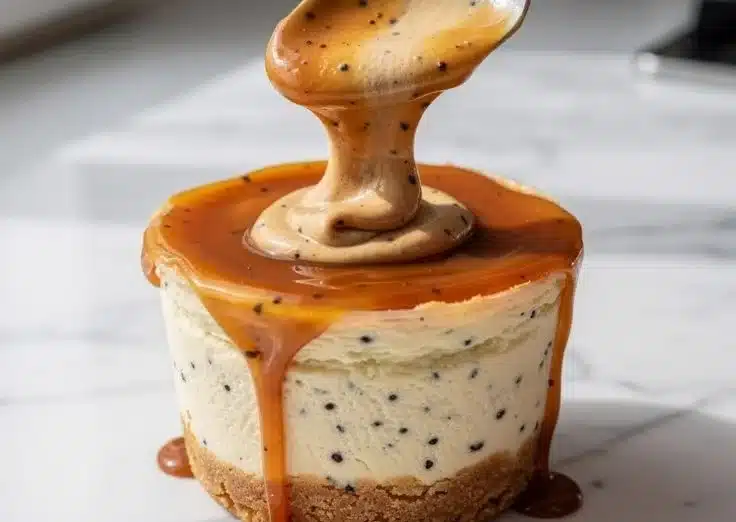 Delicious mini cheesecake cups topped with caramel sauce.