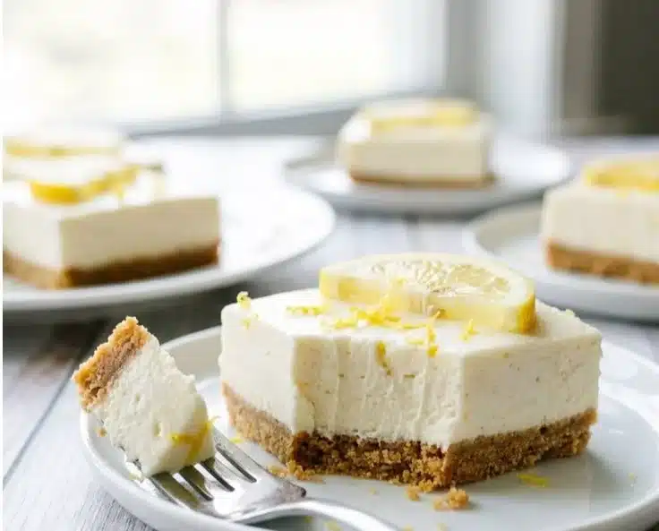 No-Bake Lemon Cheesecake Bars topped with lemon zest and fresh berries.