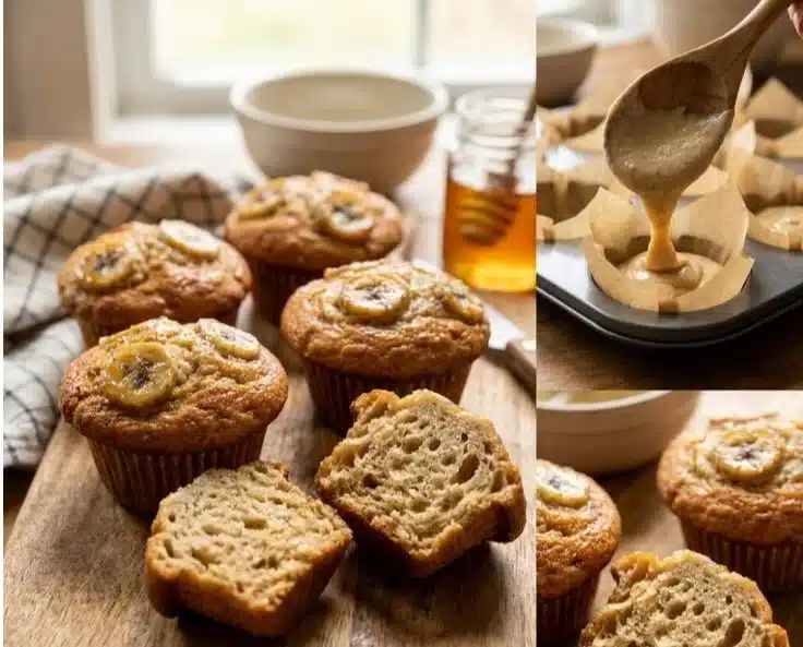 Baked simple healthy muffins with fresh ingredients on a wooden table