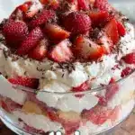Strawberry cheesecake trifle dessert with layers of creamy cheesecake and strawberries