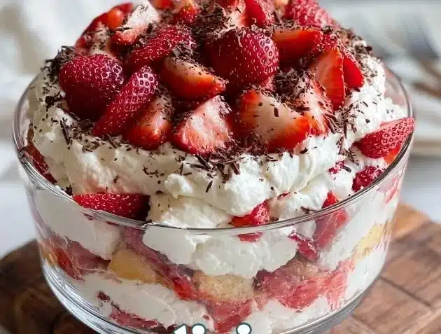 Strawberry cheesecake trifle dessert with layers of creamy cheesecake and strawberries