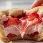 Tiny cookie cups filled with cheesecake and topped with strawberries