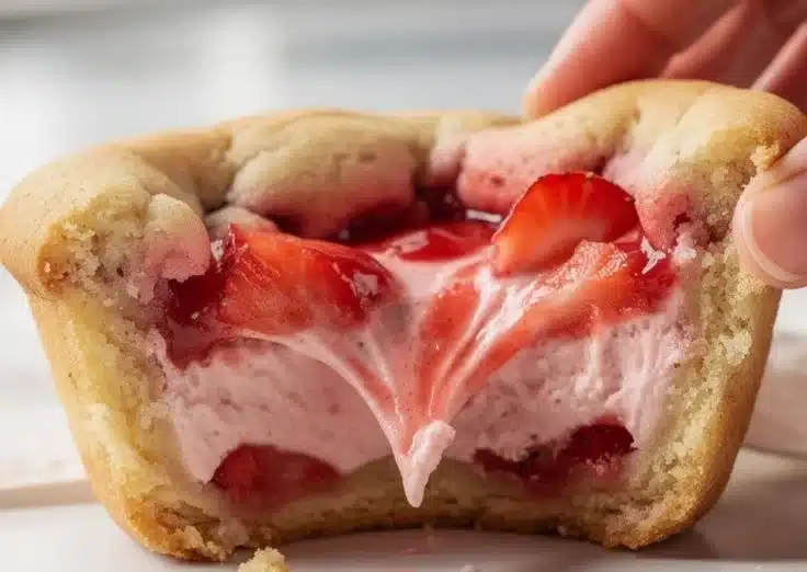 Tiny cookie cups filled with cheesecake and topped with strawberries