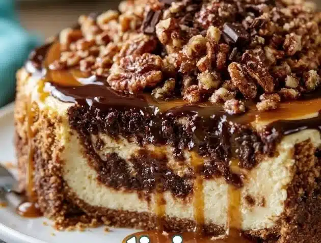 Slice of rich Turtle Fudge Cheesecake topped with caramel and nuts