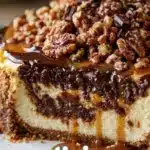 Delicious Turtle Fudge Cheesecake with chocolate, caramel, and pecans